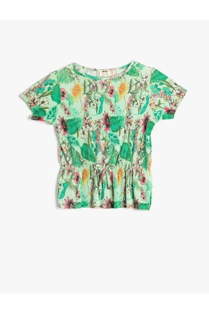 Koton Tie Waist Floral T-Shirt Short Sleeves Round Neck Pleated Pleat