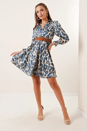 By Saygı Double-breasted Collar Leopard Pattern Lined Satin Dress with a Belted Waist Petrol