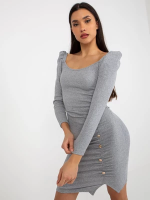 Grey ribbed fitted dress with ruffles