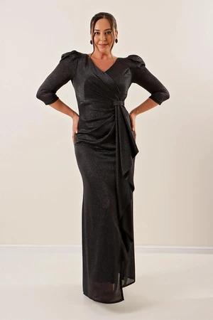 By Saygı Three Quarter-Centural Voluminous Sleeves Lined Long Evening Dress, Plus Size.