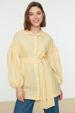 Trendyol Yellow Striped Belted Balloon Behind the Sleeves Long Woven Shirt