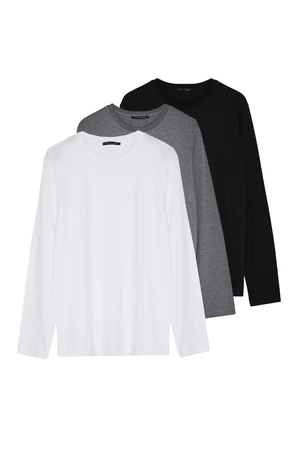 Trendyol Anthracite-White-Black Men's Regular/Normal Cut Crew Neck Long Sleeve 3-Piece Basic Package T-Shirt