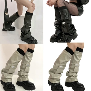 Womens PU Leathers Leg Warmers Long Leg Sleeve Socks Warm Adult Girls Boot Socks Party Casual Streetwear T8NB