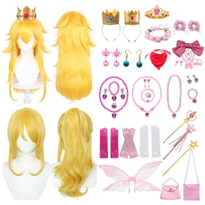 Girls Peach Princess Costume Accessories Crown Earrings Gloves Necklaces Wig Halloween Cosplay Dress Up Birthday Party Supplies