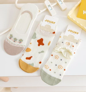 Women's Socks Spring and Autumn Mesh Hollow Thin Anti-skid Boat Socks Invisible Summer Ankle Slipper Set Cute Girls Floral Socks