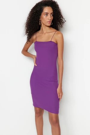 Trendyol Purple Square Collar Spaghetti Straps Ribbed Flexible Fitted Mini Dress