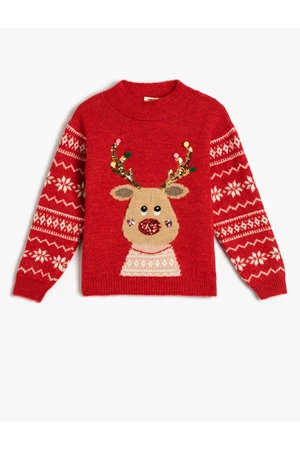 Koton Christmas Sweater Deer Pattern Crew Neck Sequined Detailed