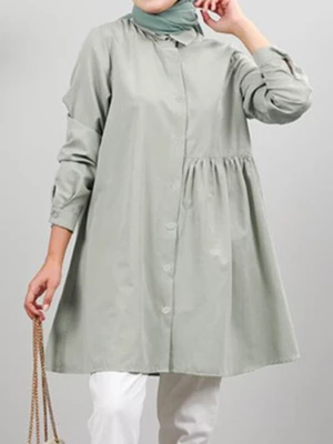 Women Solid Color Asymmetric Pleating Button Long Sleeve Muslim Blouse