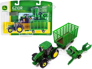 John Deere 6210R Tractor with 338 Square Baler and Bale Wagon and 6 Bales 1/64 Diecast Models by ERTL TOMY