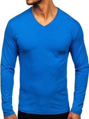 Modré pánské tričko s dlouhým rukávem bez potisku s výstřihem do V Bolf 172008