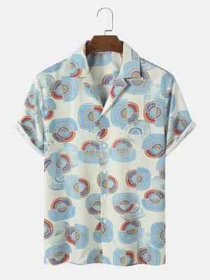 Mens Geometric Overlay Print Buttons Short Sleeve Shirts