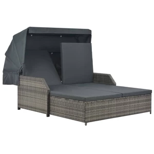 2-Person Sun Lounger with Canopy Poly Rattan Gray