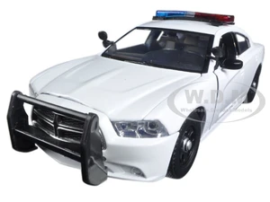 2011 Dodge Charger Pursuit Police Car White with Flashing Light Bar Front and Rear Lights and 2 Sounds 1/24 Diecast Model Car by Motormax