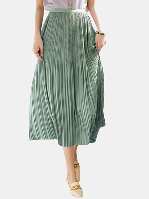 Solid A-line Pleated Elastic Waist Midi Skirt