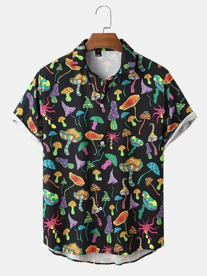 Mens Cartoon Colorful Mushroom Print Lapel Short Sleeve Shirt