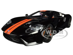 2017 Ford GT Shadow Black with Orange Stripes 1/18 Model Car by Autoart