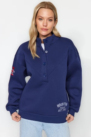 Trendyol Navy Blue Thick Fleece Inside Embroidery and Button Detail Stand-Up Collar Oversized Knitted Sweatshirt