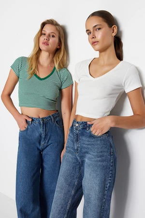 Trendyol Green Stripe-White Plain 2-Pack Fitted V-Neck Crop Corduroy Knitted Blouse