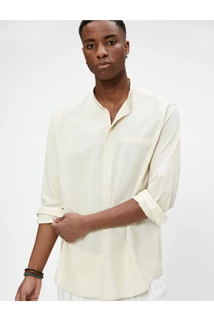 Koton Linen-Mixed Shirt with a Large Collar Pocket Detailed Buttons, Long Sleeved.