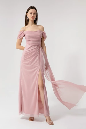 Lafaba Women's Pink Boat Collar Draped Long Glittery Evening Dress with a Slit.
