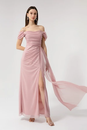 Lafaba Women's Pink Boat Collar Draped Long Glittery Evening Dress with a Slit.