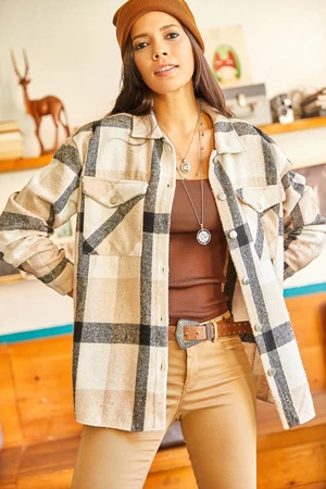 Olalook Women's Beige Gray Plaid Double Pocket Oversized Stamped Shirt