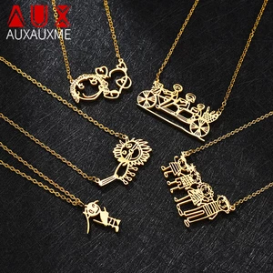 Auxauxme Customized Children's Drawing Necklace Stainless Steel Kid's Art Personalized Custom Name Necklaces Family Kid gifts