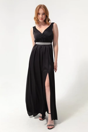 Lafaba Women's Black Double Breasted Collar With Stones and Belt Long Evening Dress.