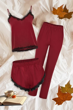 Trendyol Claret Red 3-pack Pajama Set With Lace Detailed Singlet-Pants-Shorts, Woven Pajamas