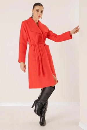 By Saygı Waist Belted Bag Pocket Lined Felt Boucle Coat
