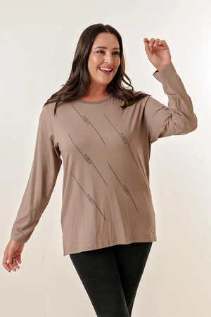 By Saygı Embroidered Collar Crisscross Front Stone Print Long Sleeves Plus Size Blouse