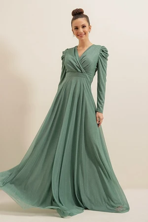 By Saygı Double Breasted Collar Shoulders Pleat Lined Glittery Long Dress Mint