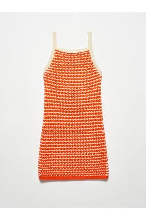 Dilvin 90115 Thick Textured Sweater Dress-orange