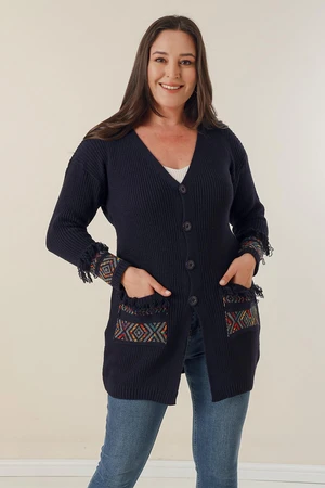 By Saygı Button-up Front, Tassels Patterned Plus Size Cardigan with Pockets And At The Ends Of The Sleeves.