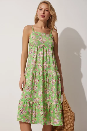 Happiness İstanbul Women's Green Strapless Floral Summer Knitted Dress