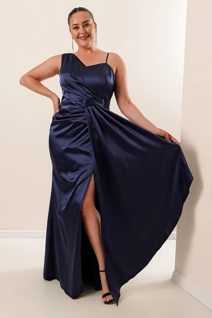 By Saygı Navy Blue Plus Size Long Satin Dress With One Side Thread Straps.
