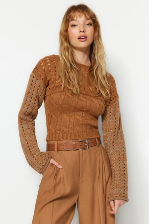 Trendyol Camel Crop Soft Textured blouse with openwork/holes Sweater Knitwear Set