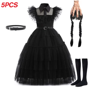 2-12Yrs Movie Wednesday Cosplay For Girl Costume 2023 New Vestidos For Kids Girls Mesh Party Dresses Halloween Carnival Costumes