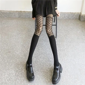 Women Goth Black Sheer Pantyhose Mesh Grid Fishnet Print Stitching Jacquard Tattoo Tights Fake Thigh Thigh Stockings
