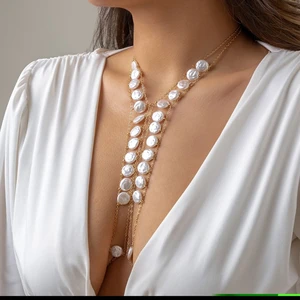 Sexy Body Jewelry Flat Imitation Pearl Chest Chain for Women Cross Necklace Waist Chains Bikini Bra Accessories Festival