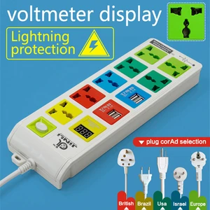 AU EU US 3m power wire 7 Outlet & 4 USB Charging Port and LCD voltmeter universal extension socket with Multi purpose socket