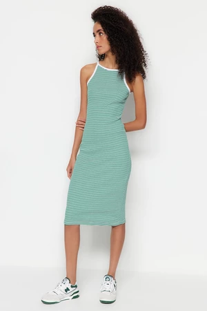 Trendyol Green Striped Fitted/Simple, Halterneck Midi Ripple, Flexible Knit Dress with Straps