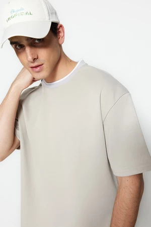 Trendyol Limited Edition Stone Relaxed/Comfortable szabású kötöttáru Sávos texturált Pique póló