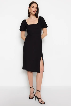 Trendyol Black Square Neck Balloon Sleeve A-Line Slit Detailed Midi Knitted Dress