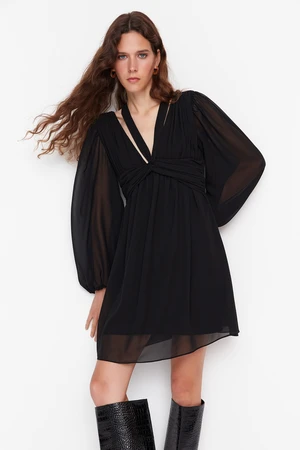 Trendyol Limited Edition Black Mini Woven Collar Striped Chiffon Woven Dress