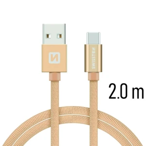 Adatkábel Swissten textil USB-C konnektorral és gyorstöltés támogatással 2 m, arany