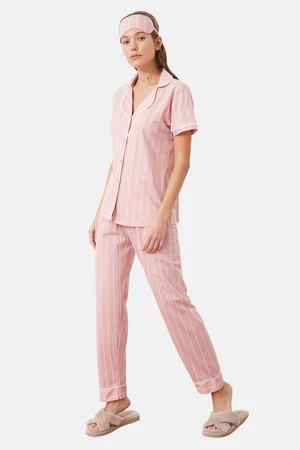 Trendyol Pink Cotton Striped Piping Detailed Sleep Tape Knitted Pajamas Set