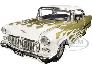 1955 Chevrolet Bel Air White and Gold with Flames "Bigtime Muscle" Series 1/24 Diecast Model Car by Jada