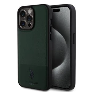 Zadní kryt U.S. Polo PU Leather Mesh Pattern Double Horse pro Apple iPhone 15 Pro, green