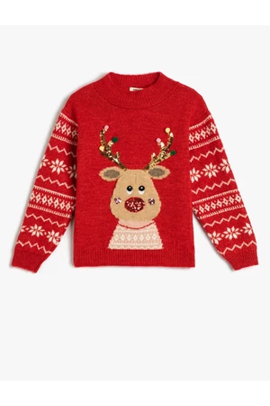 Koton New Year's Sweater Deer Patterned Crew Neck Sequin Detailed